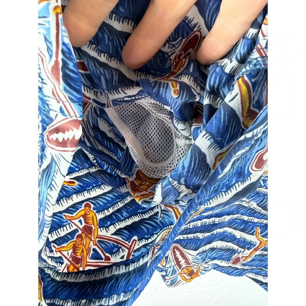 Polo Sport Ralph Lauren Mens Blue Surfer Wave Print‎ Swim Trunks Size M Vintage